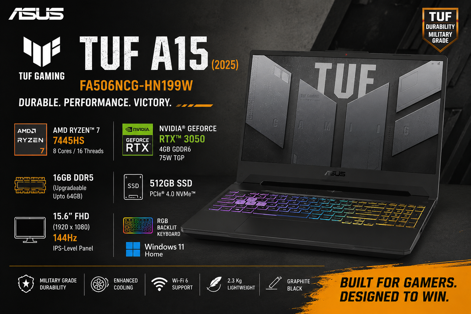 ASUS TUF A15 2025 Gaming Laptop Ryzen 7 7445HS RTX 3050 16GB DDR5 144Hz
